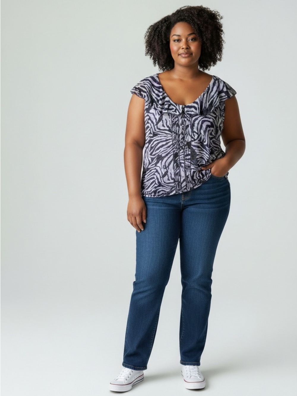 REITMANS plus size Relished Purple Zebra Print Ruffle Front Women's Top size 20